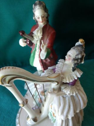 Antique German DRESDEN Lace Figurine Musician Couple with Harp 6 