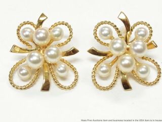 Rare 14k Gold Mikimoto Akoya Pearl Lariat Earrings Vintage 50s Midcentury 6.  5gr