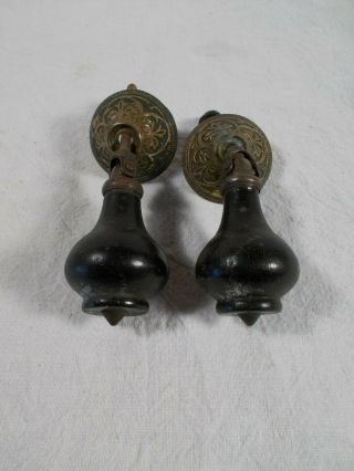 Antique Vintage Victorian Ebony Brass Tear Drop Pulls C1880s