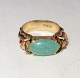 Vintage Chinese 14k Gold Dragon Ring With Green Jadeite Jade (15.  7g,  Size 10.  5)