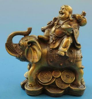 Chinese Old Copper Hand - Carved Wealth Maitreya Ride Elephant Buddha Statue F01