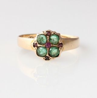 Victorian 15ct Yellow Gold Emerald & Ruby Ring.  1869.  Size O 1/2 Antique 10