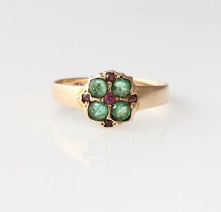 Victorian 15ct Yellow Gold Emerald & Ruby Ring.  1869.  Size O 1/2 Antique 11