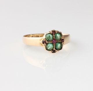 Victorian 15ct Yellow Gold Emerald & Ruby Ring.  1869.  Size O 1/2 Antique 7
