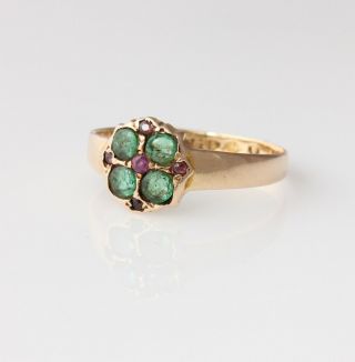 Victorian 15ct Yellow Gold Emerald & Ruby Ring.  1869.  Size O 1/2 Antique 9