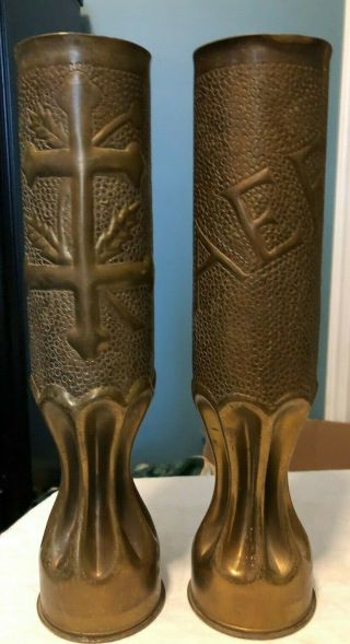 Extremely Rare Wwii Trench Art Artillary Shell Religious Altar Vase Set