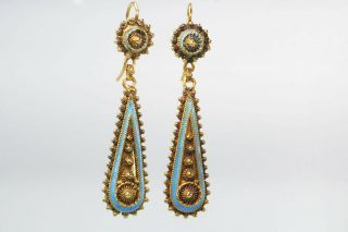 Etruscan Design 14k Gold & Blue Enamel Dangle Earrings - French - C.  1850 - 70