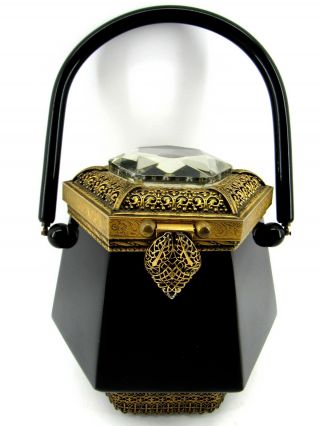 Exquisite Lewsid Jewel Llewellyn Black Lucite & Ornate Brass Purse W/faceted Top