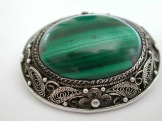 Antique Vintage Chinese Malachite Stone Filigree Export Silver Brooch