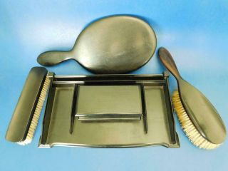 Antique Solid Ebony Wood Dressing Table Set Hand Mirror Brushs Tray Trinket Box