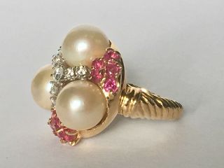 18K Yellow Gold Pearl,  Ruby,  Diamond Ring: Natural South Seas G - H VS2 2