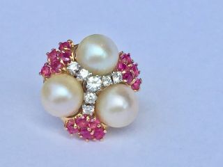 18K Yellow Gold Pearl,  Ruby,  Diamond Ring: Natural South Seas G - H VS2 4