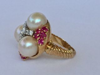 18K Yellow Gold Pearl,  Ruby,  Diamond Ring: Natural South Seas G - H VS2 7