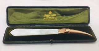 Mappin & Webb Antique 9k 375 Gold & Mother Of Pearl Letter Opener & Box