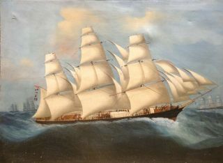 Huge 19th Century China Trade Merchant Ship Full Sail Marine Oil Sailing