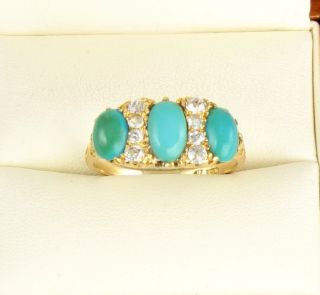 Antique Victorian 18ct Gold Ring With Turquoise And Diamond C 1890 