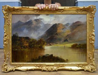 Large Fine Antique 19thc Landscape Oil Painting Of Scottish Highlands