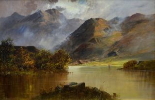 Large Fine Antique 19thC Landscape Oil Painting of Scottish Highlands 5