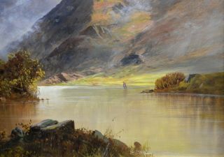 Large Fine Antique 19thC Landscape Oil Painting of Scottish Highlands 7