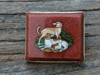 Victorian Micro Mosaic Petra Dura Spaniel Hound Dogs & Puppies Brooch