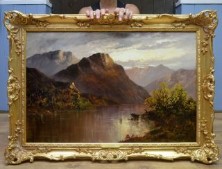 Large Fine Antique 19thc Landscape Oil Painting Of Loch Lomond Scotland