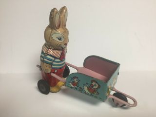 Vintage J.  Chein Easter Bunny Tin Litho Toy Rabbit Push Cart