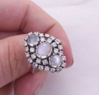 Platinum Diamond Ring,  Moonstone Art Deco 3 Stone Cluster Ring