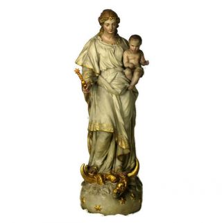Antique 1850 Plaster Church Statue Virgin Mary Infant Crescent Moon Snake 26.  37 "