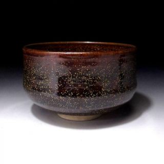 TL3: Vintage Japanese Pottery Tea Bowl,  Seto Ware,  Black & Brown Glazes 2