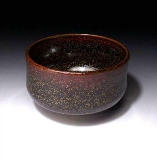 TL3: Vintage Japanese Pottery Tea Bowl,  Seto Ware,  Black & Brown Glazes 3