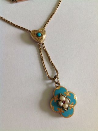 Fine Victorian 9ct Gold Turquoise Enamel Decorated Pendant Drop Necklace