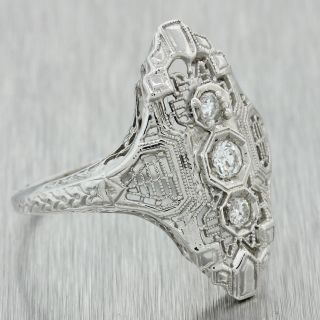 1930s Antique Art Deco 14k Solid White Gold.  30ctw Diamond Filigree Navette Ring