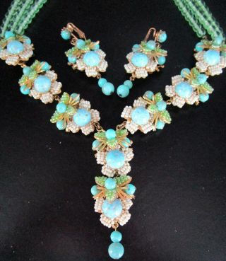 Stanley Hagler Turquoise Blue & Seafoam Green Crystal Bead Necklace Earring Set