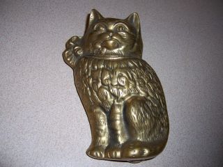 Vintage Heavy Solid Brass Cat With Bow Door Knocker