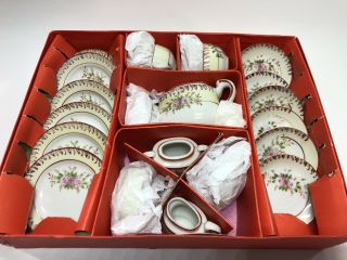 Nos 21 Piece Childs Porcelain China Toy Tea Set Box Kids Girls