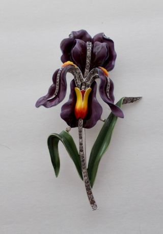 Vintage Crown Trifari Large Enameled Orchid Pin W/ Rhinestones Alfred Philippe