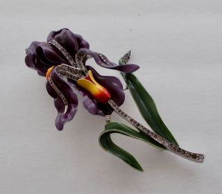 Vintage Crown TRIFARI Large Enameled Orchid Pin w/ Rhinestones Alfred Philippe 4