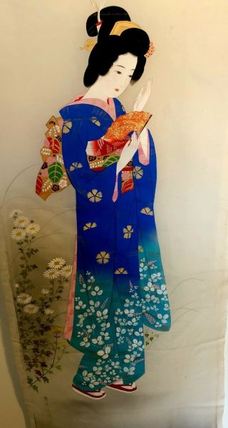 Large 18x49 " Vintage Japanese Geisha Woodblock Print On Silk.  Signed Antique.