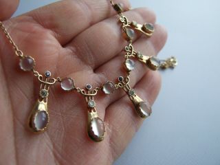 Vintage Natural Moonstones,  Diamonds & Sapphires 15k Gold Necklace