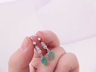 Fine Pair Art Deco Design 18 Ct Emerald & Diamond Drop Earrings