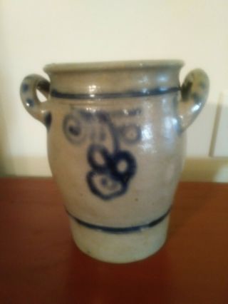 Antique Salt - Glazed Stoneware 2 - Handled Crock Pot,  Blue & Grey