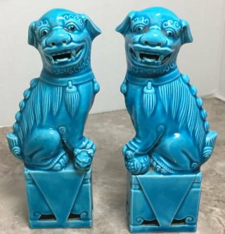 Foo Dogs Turquoise Blue Pair Lion Guardians Vintage Signed 5 " Male Female
