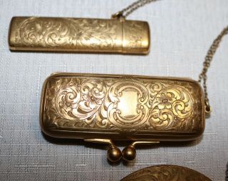 rare antique Victorian 1800 ' s gold gilt E.  A BLISS CO hand chased chatelaine 4