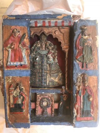 Antique Peruvian Retablo Mary Shadow Box Altar - 19th Cntry Artifact Guadalupe