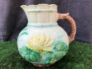 19thc Majolica Pitcher Or Jug With Water Lily & Leaf Decoration C1880s