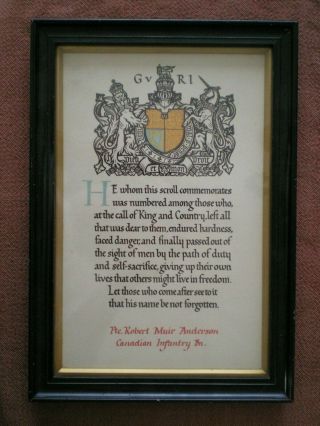 Ww1 Memorial Scroll To Robert Muir Anderson,  5th Canadian Infantry Battalion