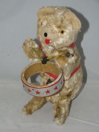 Drumming Bear Vintage Plush Wind Up Toy 7 "