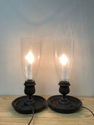 Antique English Wooden Candlestick Lamps With Glass Shades
