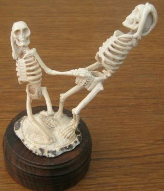 Unusual Hand Carved Double Skeleton Okimono In Stag Bone Antler Momento Mori