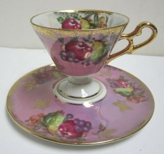Vtg Royal Halsey Very Fine Porcelain Tea Cup Saucer Pedestal Gold Fruit Rare